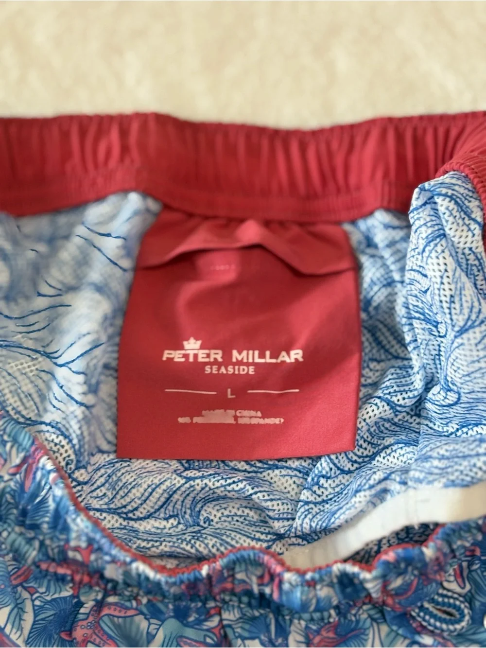 Peter Millar Blue and Pink Starfish Print Swim Trunks